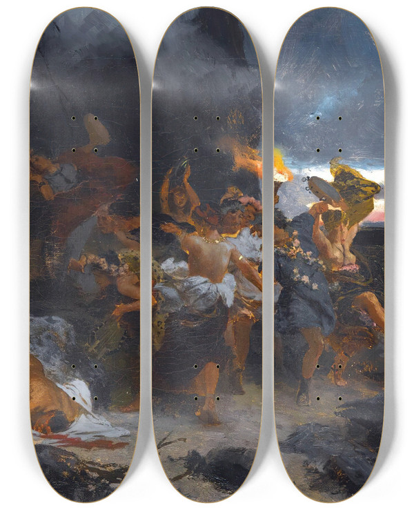Triptych art skateboard deck of Henryk Siemiradzki Orgy On Capri In The Time Of Tiberius by Henryk Siemiradzki (1843-1902)