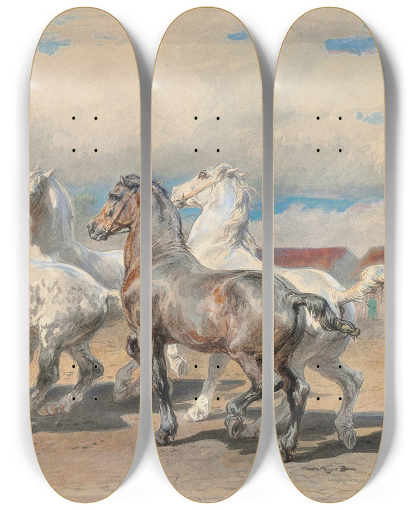 Triptych art skateboard deck of Rosa Bonheur Return From The Horse Fair by Rosa Bonheur (1822-1899)
