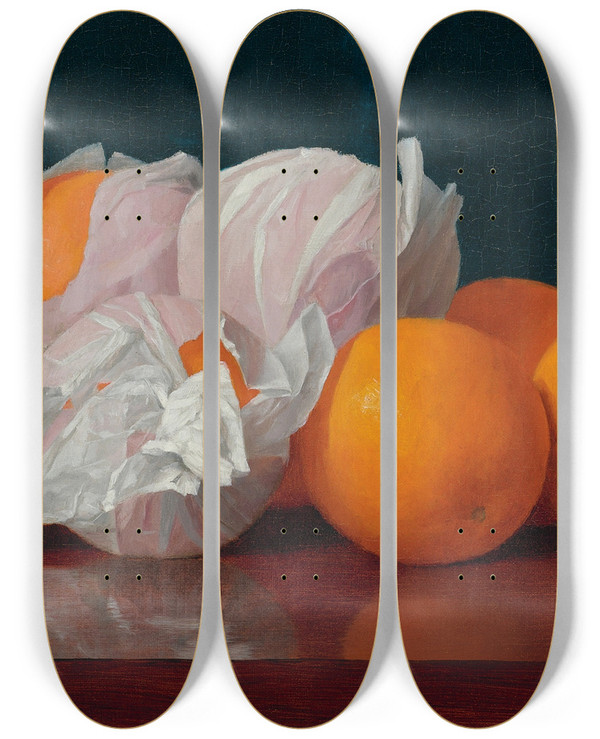Triptych art skateboard deck of William Mccloskey Wrapped Oranges On A Tabletop by William Mccloskey (1859-1941)