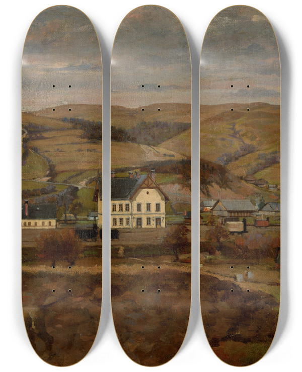 Triptych art skateboard deck of Eduard Hrik View Of Volovec by Eduard Hrinak (1856-1917)