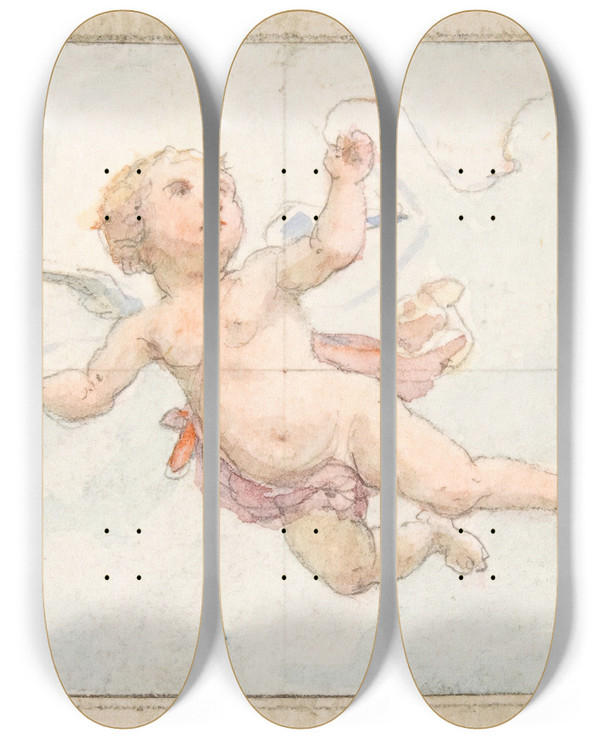 Triptych art skateboard deck of Julesedmondcharles Lachaise A Winged Putto by Jules-Edmond-Charles Lachaise (1897)