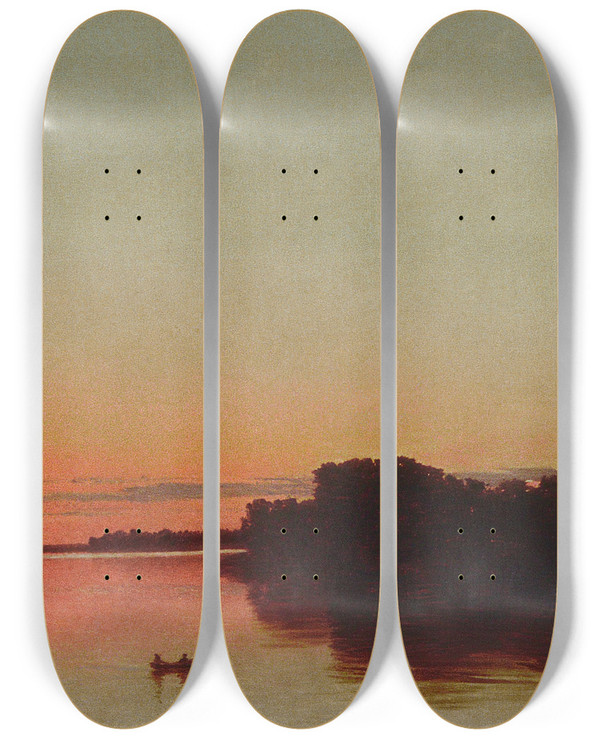 Triptych art skateboard deck of John Frederick Kensett Twilight On The Sound Darien Connecticut by John Frederick Kensett (1816-1872)