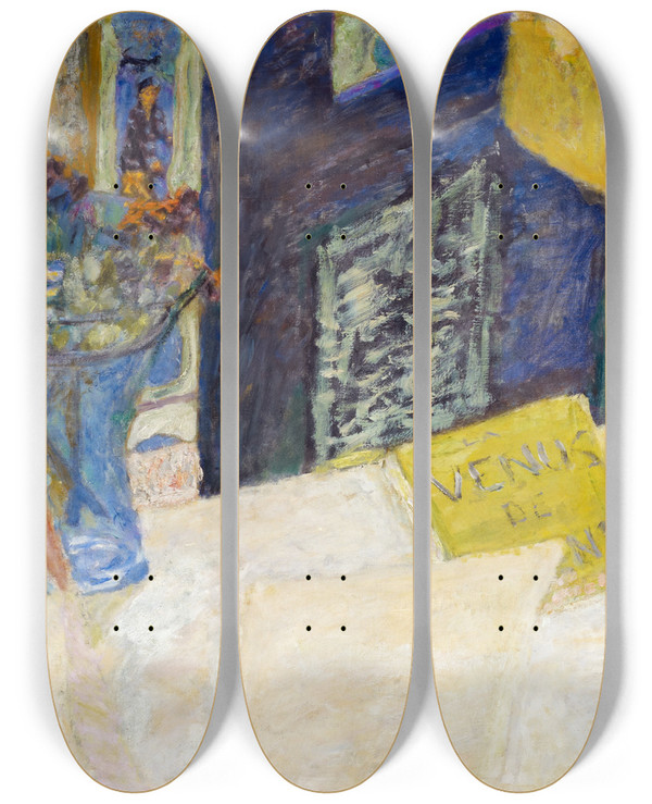 Triptych art skateboard deck of Pierre Bonnard Still Life With Bouquet Of Flowers Venus Of Cyrene by Pierre Bonnard (1867-1947)