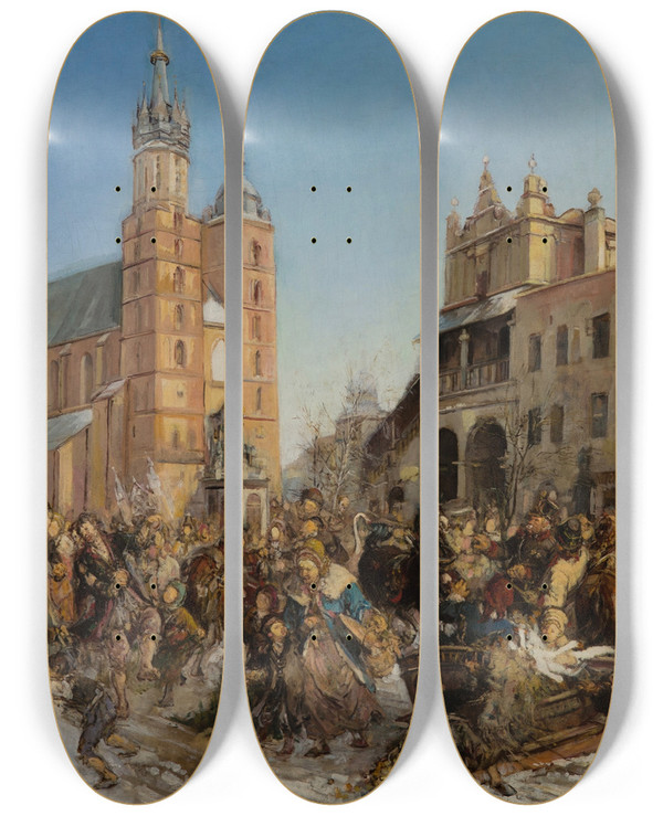 Triptych art skateboard deck of Hipolit Lipiski Fair On The Main Market Square In Krakow by Hipolit Lipinski (1846-1884)