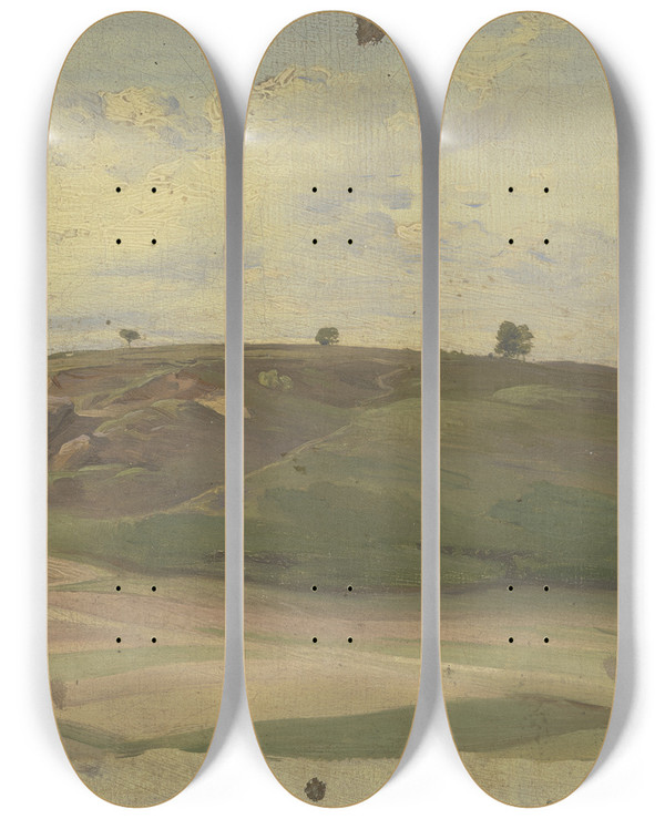 Triptych art skateboard deck of Jakob Becker Hill With Field And Meadow by Jakob Becker (1810-1872)