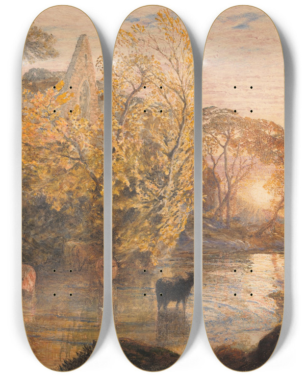 Triptych art skateboard deck of Samuel Palmer Tintern Abbey At Sunset_2 by Samuel Palmer (1805-1881)