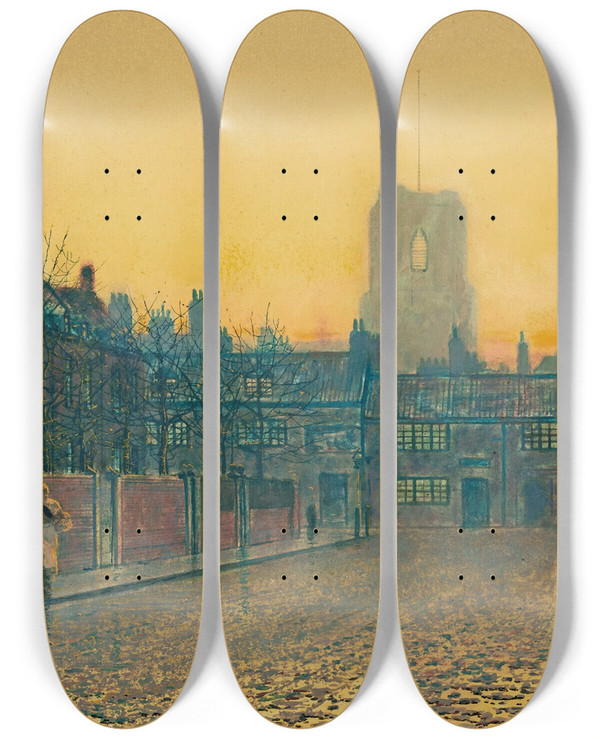 Triptych art skateboard deck of John Atkinson Grimshaw Old Chelsea_2 by John Atkinson Grimshaw (1836-1893)