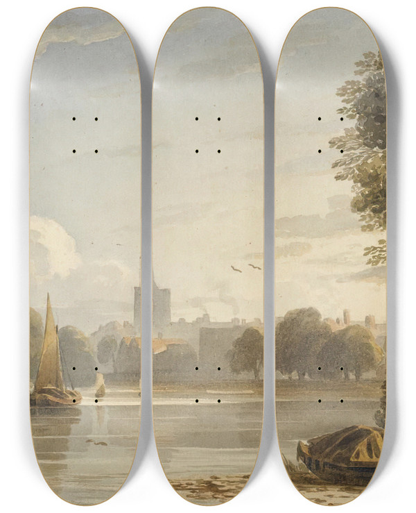 Triptych art skateboard deck of John Varley The Thames At Chiswick by John Varley (1778-1842)