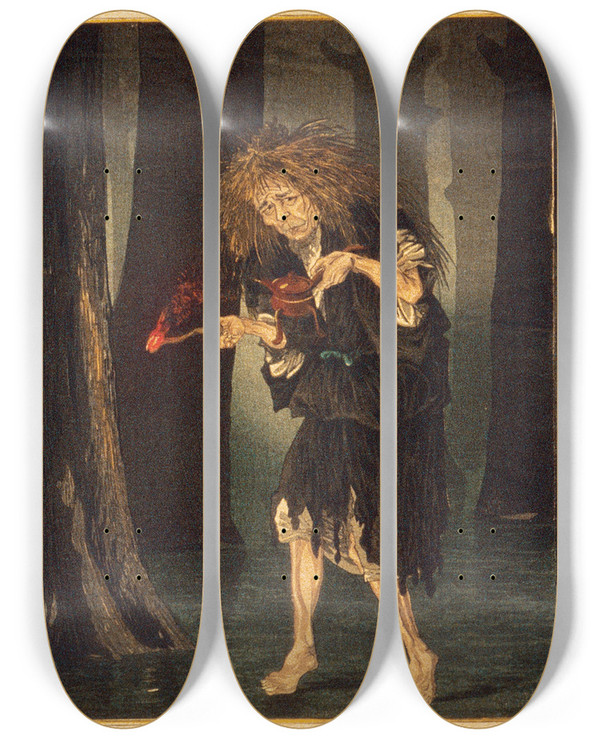 Triptych art skateboard deck of Kobayashi Kiyochika Taira No Tadamori Captures The Priest Of Mid by Kobayashi Kiyochika (1847-1915)
