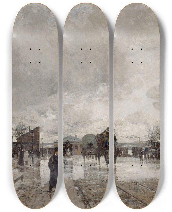 Triptych art skateboard deck of Luigi Loir Un Coin De Bercy Pendant Linondaton by Loir Luigi (1845-1916)