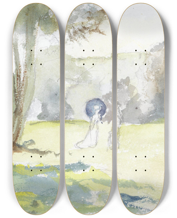 Triptych art skateboard deck of Jozef Israls Man En Vrouw Op Open Plek Tussen Bomen by Jozef Israels (1824-1911)