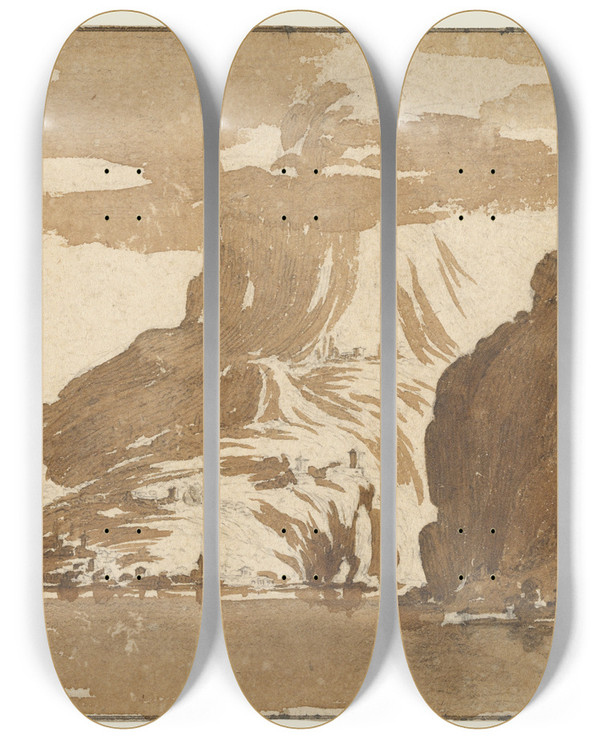 Triptych art skateboard deck of Jacques Callot A View Of Mountains Across A Lake by Jacques Callot (1592-1635)