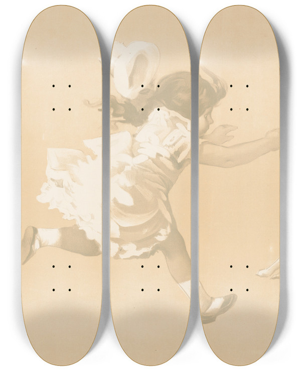 Triptych art skateboard deck of Jean De Paleologue Girl Chasing A Dog Who Is Chasing A Rabbit While A Clown Looks On by Jean de Paleologue (1855-1942)