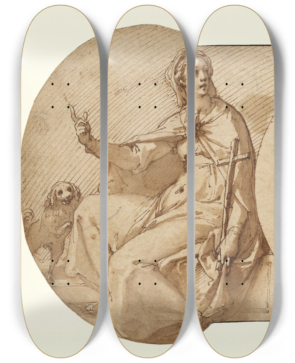 Triptych art skateboard deck of Federico Zuccaro Allegories Of Faith And Hope Flanking The Zuccaro Emblem by Federico Zuccaro (1542-1609)