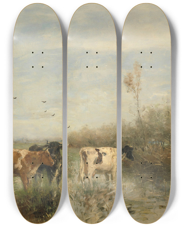 Triptych art skateboard deck of Willem Maris Cows In A Soggy Meadow by Willem Maris (1844-1910)
