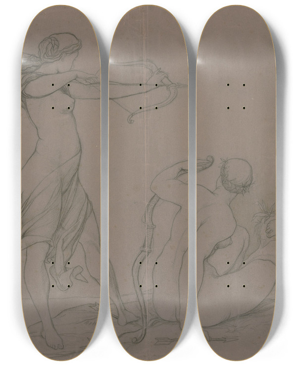 Triptych art skateboard deck of Victor Mller Vier Weibliche Nackte Bogenschtzen Schieen Auf Einen An Einem Baum Gebundenen Mann by Victor Muller (1829-1871)
