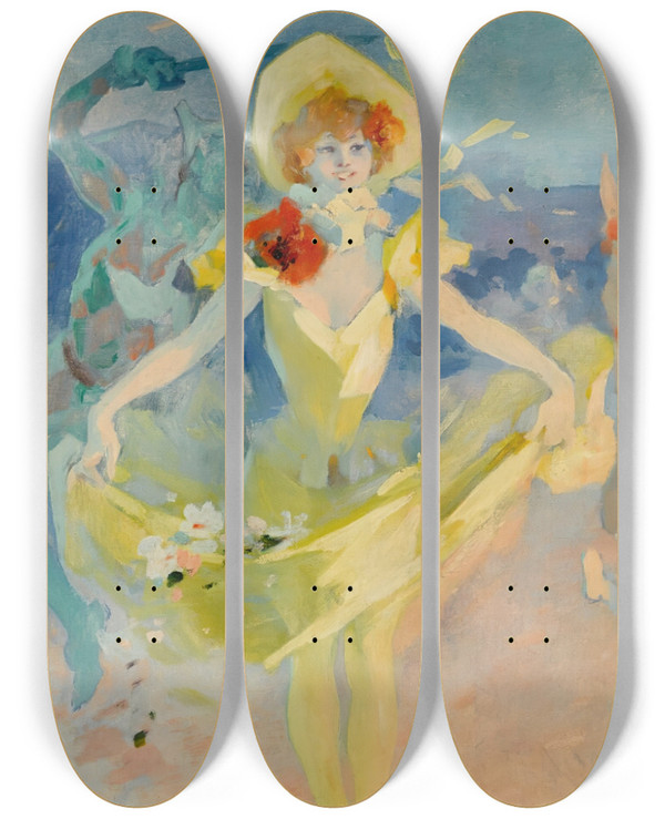 Triptych art skateboard deck of Jules Chret Pierrotet Columbine by Jules Cheret (1836-1932)