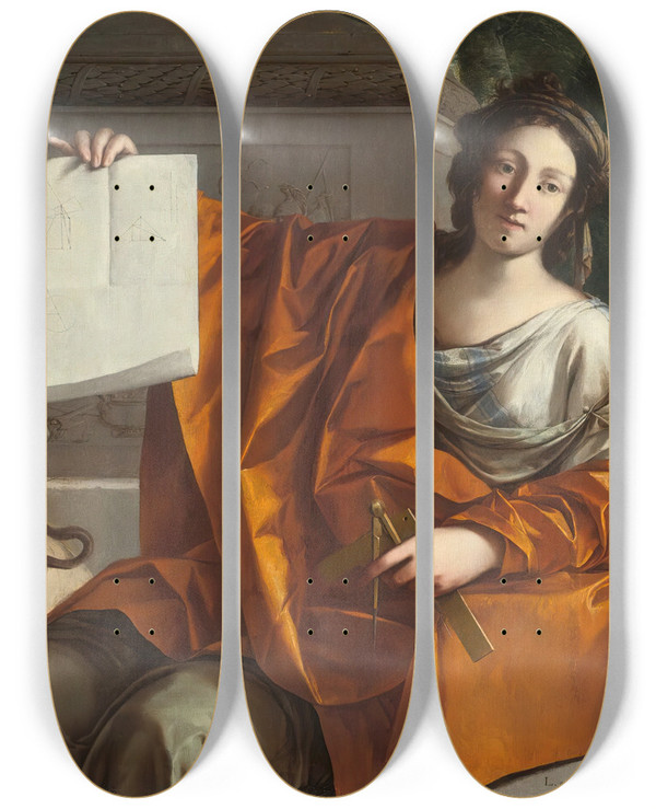 Triptych art skateboard deck of Laurent De La Hyre Allegory Of Geometry by Laurent de la Hyre (1606-1656)