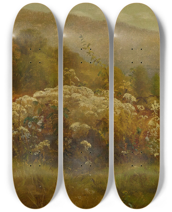 Triptych art skateboard deck of Jervis Mcentee Fall Flowers On A Hillside by Jervis Mcentee (1828-1891)