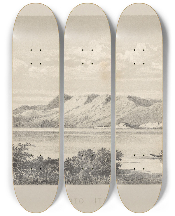 Triptych art skateboard deck of Charles Decimus Barraud New Zealand Graphic And Descriptive Plate Iii Rotoiti by Charles Decimus Barraud (1822-1897)