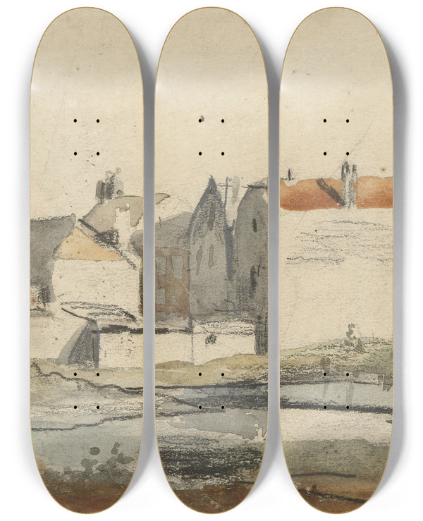 Triptych art skateboard deck of Carel Jacobus Behr Buitenkant Van Een Stad In Aanbouw by Carel Jacobus Behr (1812-1895)