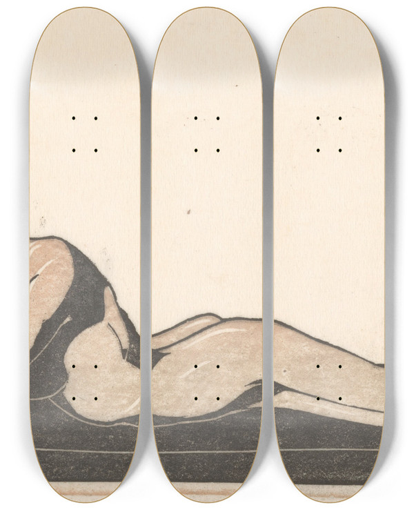 Triptych art skateboard deck of Reinier Willem Petrus De Vries Liggende Naakte Vrouw by Reinier Willem Petrus De Vries (1874-1952)