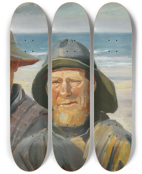 Triptych art skateboard deck of Michael Ancher Fire Fiskere I Solskin P Skagen Strand by Michael Ancher (1849-1927)