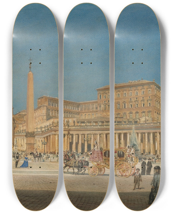 Triptych art skateboard deck of Rudolf Von Alt St Peters Square Rome by Rudolf Von Alt (1812-1905)