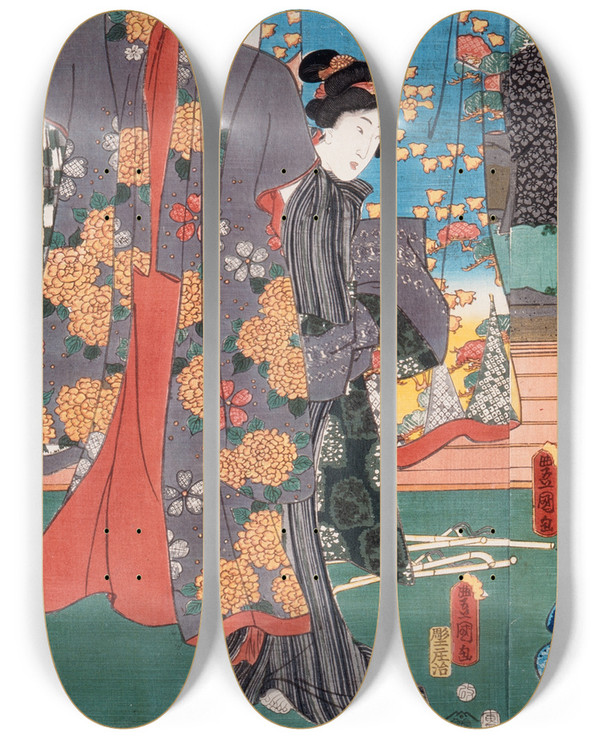 Triptych art skateboard deck of Utagawa Kunisada Toyokuni Iii The Sixth Lunar Month by Utagawa Kunisada (Toyokuni III) (1786-1865)