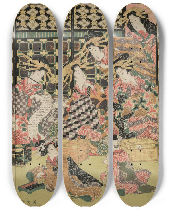 Triptych art skateboard deck of Kikukawa Eizan A Picture Of The Viewing In The Pleasure Quarters by Kikukawa Eizan (1787-1867)