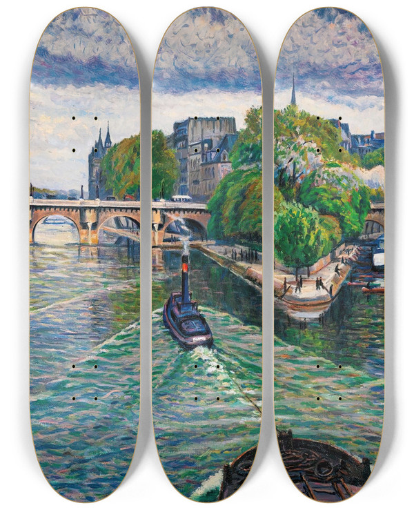 Triptych art skateboard deck of Gustave Cariot Les Remorqueurs by Gustave Cariot (1872-1950)