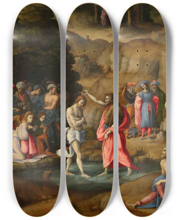 Triptych art skateboard deck of Bacchiacca The Baptism Of Christ by Bacchiacca (1494-1557)
