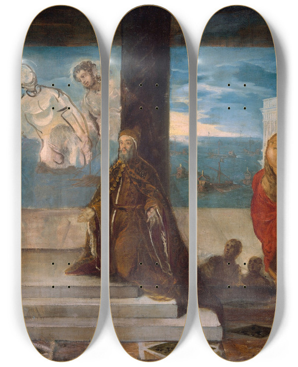 Triptych art skateboard deck of Jacopo Tintoretto Doge Alvise Mocenigo 15071577 Presented To The Redeemer by Jacopo Tintoretto (1518-1594)