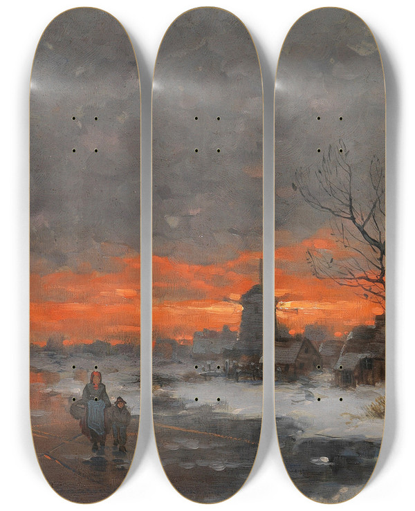 Triptych art skateboard deck of Johann Jungblut Winterlandschaft Mit Dorfsilhouette Im Abendrot by Johann Jungblut (1860-1912)