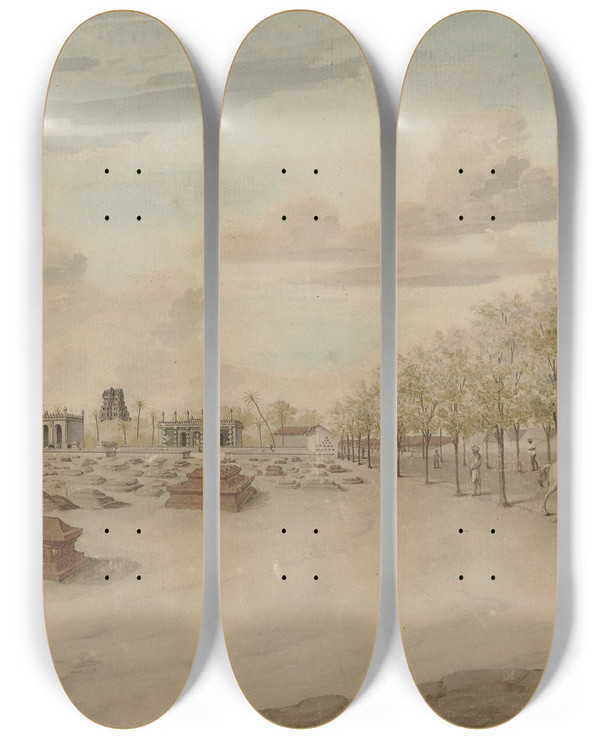 Triptych art skateboard deck of Carel Frederik Reimer Begraafplaats Met Begrafenisstoet In India by Carel Frederik Reimer (18-)