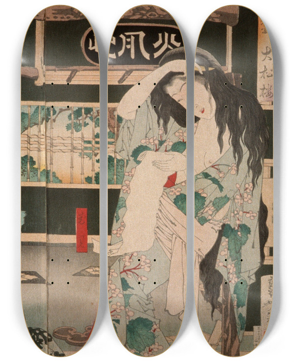 Triptych art skateboard deck of Tsukioka Yoshitoshi Summer Women Bathing At The Daishr by Tsukioka Yoshitoshi (1839-1892)