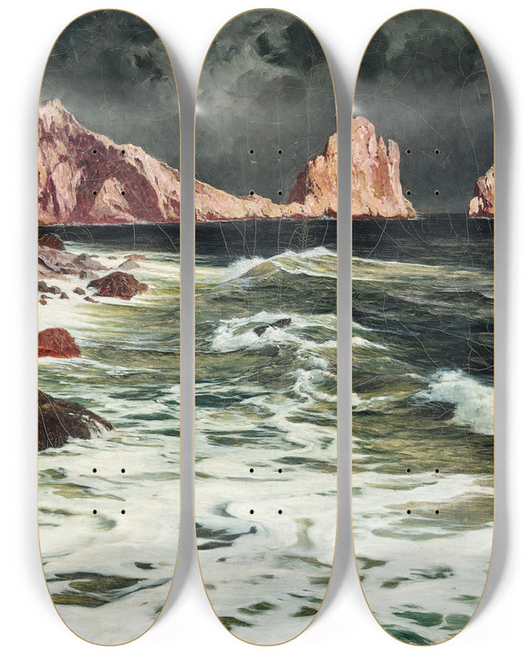 Triptych art skateboard deck of Paul Von Spaun Capri A View Of The Faraglioni Stacks by Paul Von Spaun (1876-1932)