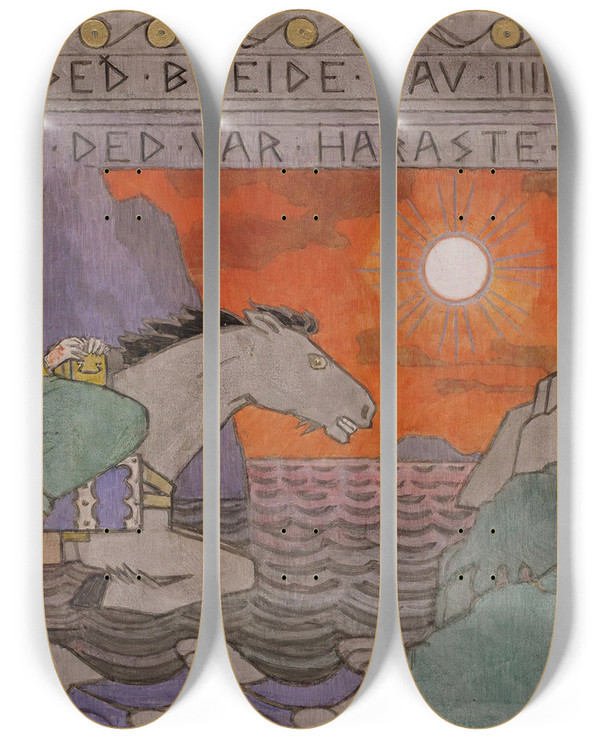 Triptych art skateboard deck of Gerhard Munthe Smund And The Princess Riding Home by Gerhard Munthe (1849-1929)