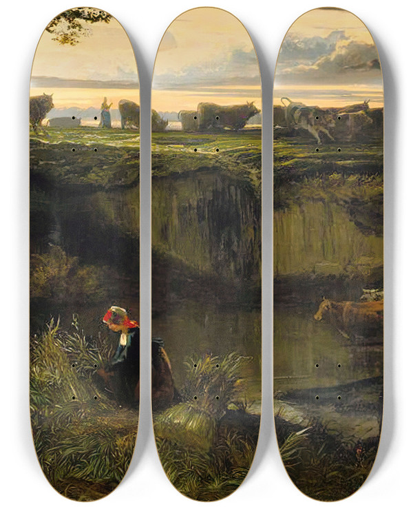 Triptych art skateboard deck of Louisgodefroy Jadin View Of Montfort Lamaury by Louis-Godefroy Jadin (1805-1882)
