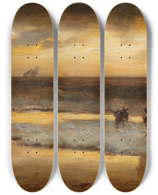Triptych art skateboard deck of Albert Flamm Crab Fishermen On The Beach by Albert Flamm (1823-1906)