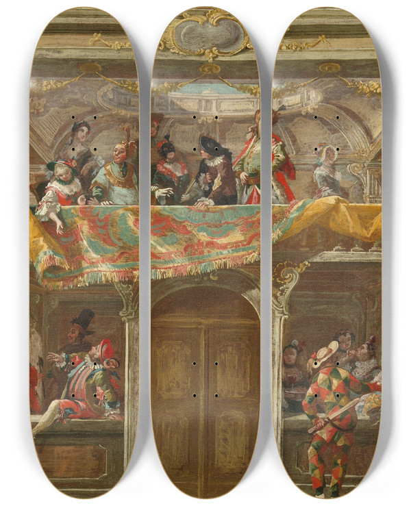 Triptych art skateboard deck of Andreas Altomonte A Masked Ball In Bohemia by Andreas Altomonte (1699-1780)