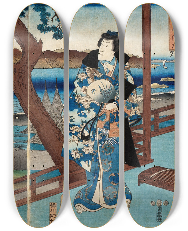 Triptych art skateboard deck of Utagawa Kunisada Toyokuni Iii Fashionable Genji At Suma by Utagawa Kunisada (Toyokuni III) (1786-1865)