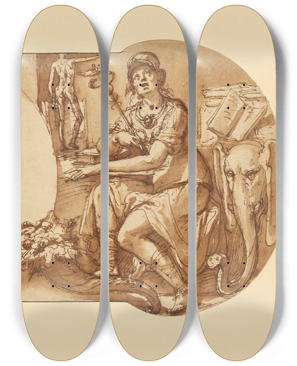Triptych art skateboard deck of Federico Zuccaro Allegories Of Study And Intelligence Flanking The Zuccaro Emblem by Federico Zuccaro (1542-1609)