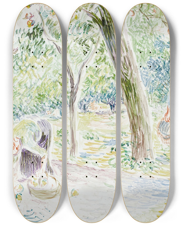 Triptych art skateboard deck of Camille Pissarro La Cueillette Des Pommes by Camille Pissarro (1830-1903)