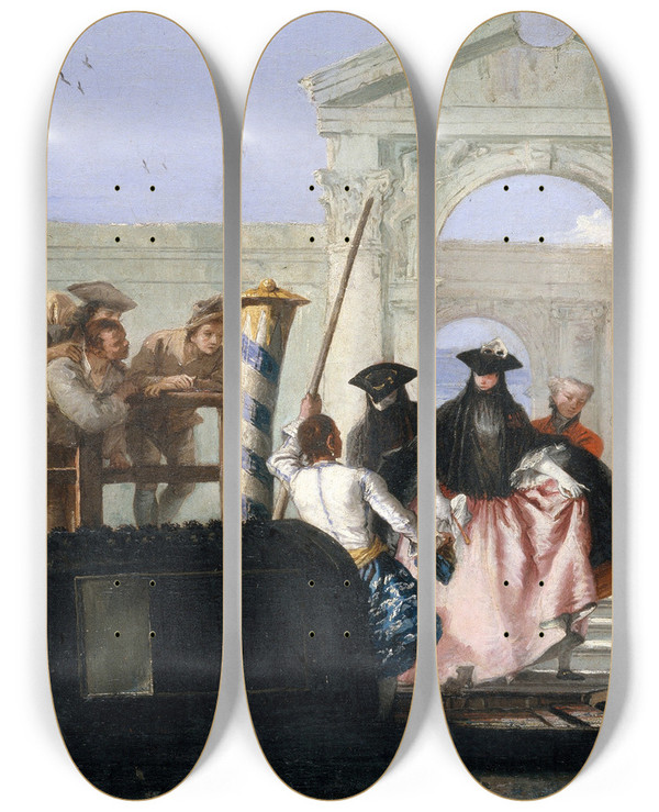 Triptych art skateboard deck of Giovanni Domenico Tiepolo The Departure Of The Gondola by Giovanni Domenico Tiepolo (1727-1804)