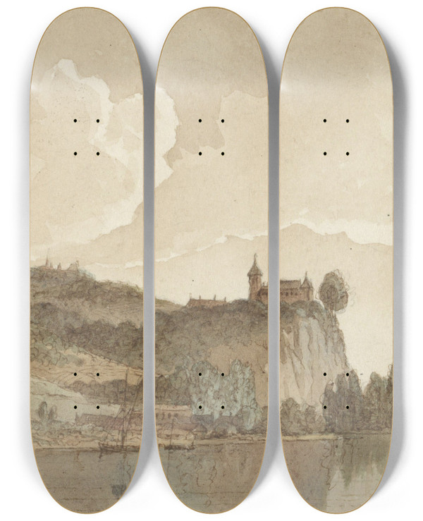 Triptych art skateboard deck of Hendrik Abraham Klinkhamer Rivierlandschap Met Chokier Aan De Maas by Hendrik Abraham Klinkhamer (1810-1872)