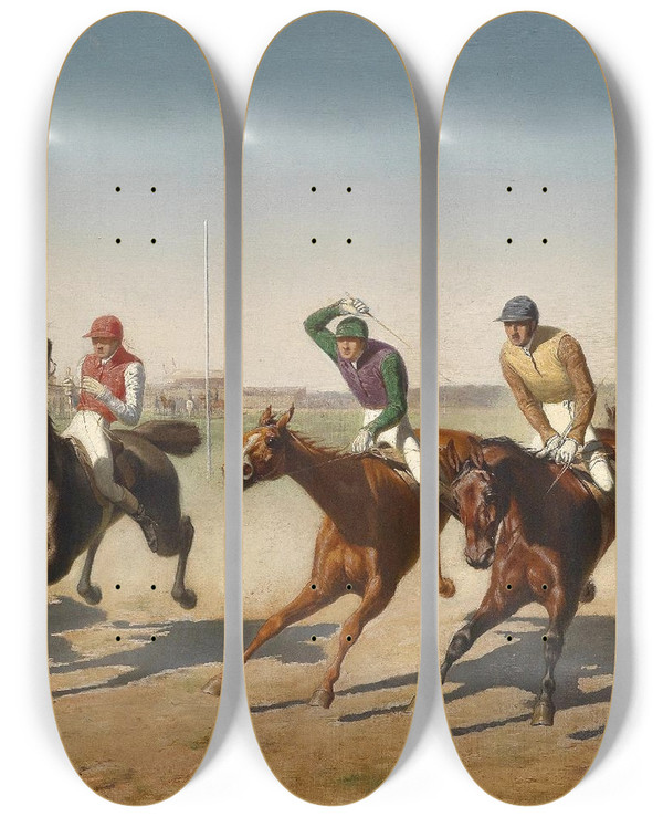 Triptych art skateboard deck of Carl Rudolf Huber Renntag In Der Freudenau by Carl Rudolf Huber (1839-1896)