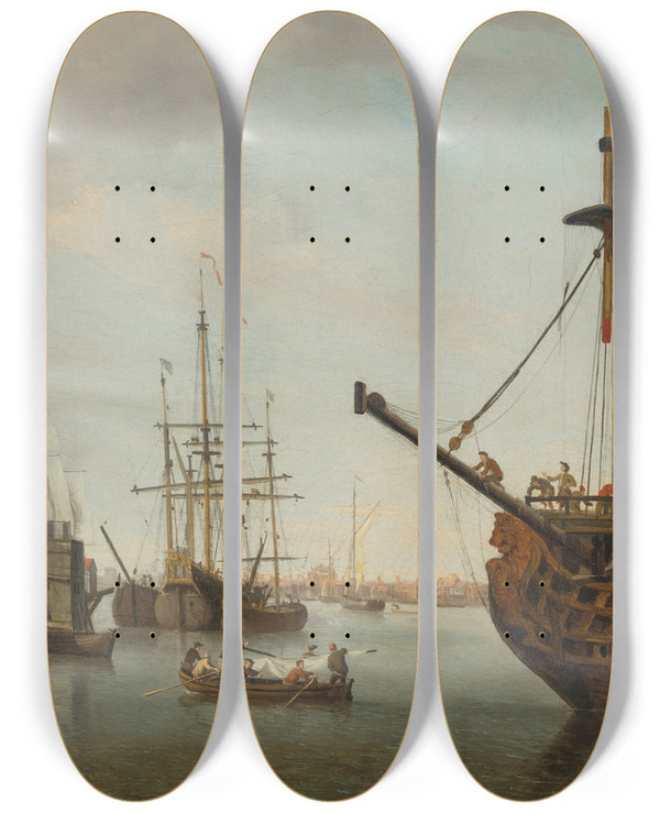 Triptych art skateboard deck of Samuel Scott View Of The Thames At Wapping by Samuel Scott (1697-1772)
