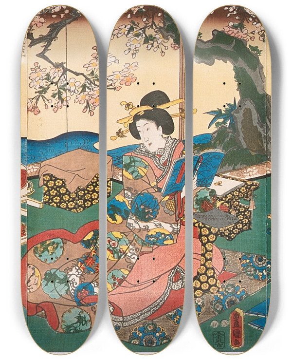 Triptych art skateboard deck of Utagawa Kunisada Toyokuni Iii Reading by Utagawa Kunisada (Toyokuni III) (1786-1865)