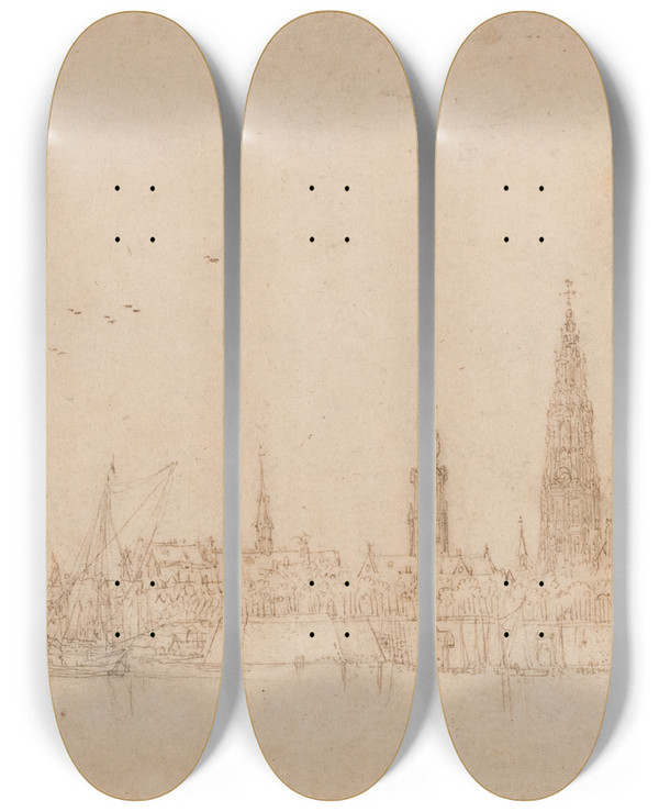 Triptych art skateboard deck of Wenceslaus Hollar View Of Antwerp by Wenceslaus Hollar (1607-1677)